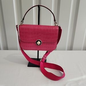 Kate Spade Audrey Flap Crossbody Bag Pink Croc Embossed Leather Convertible